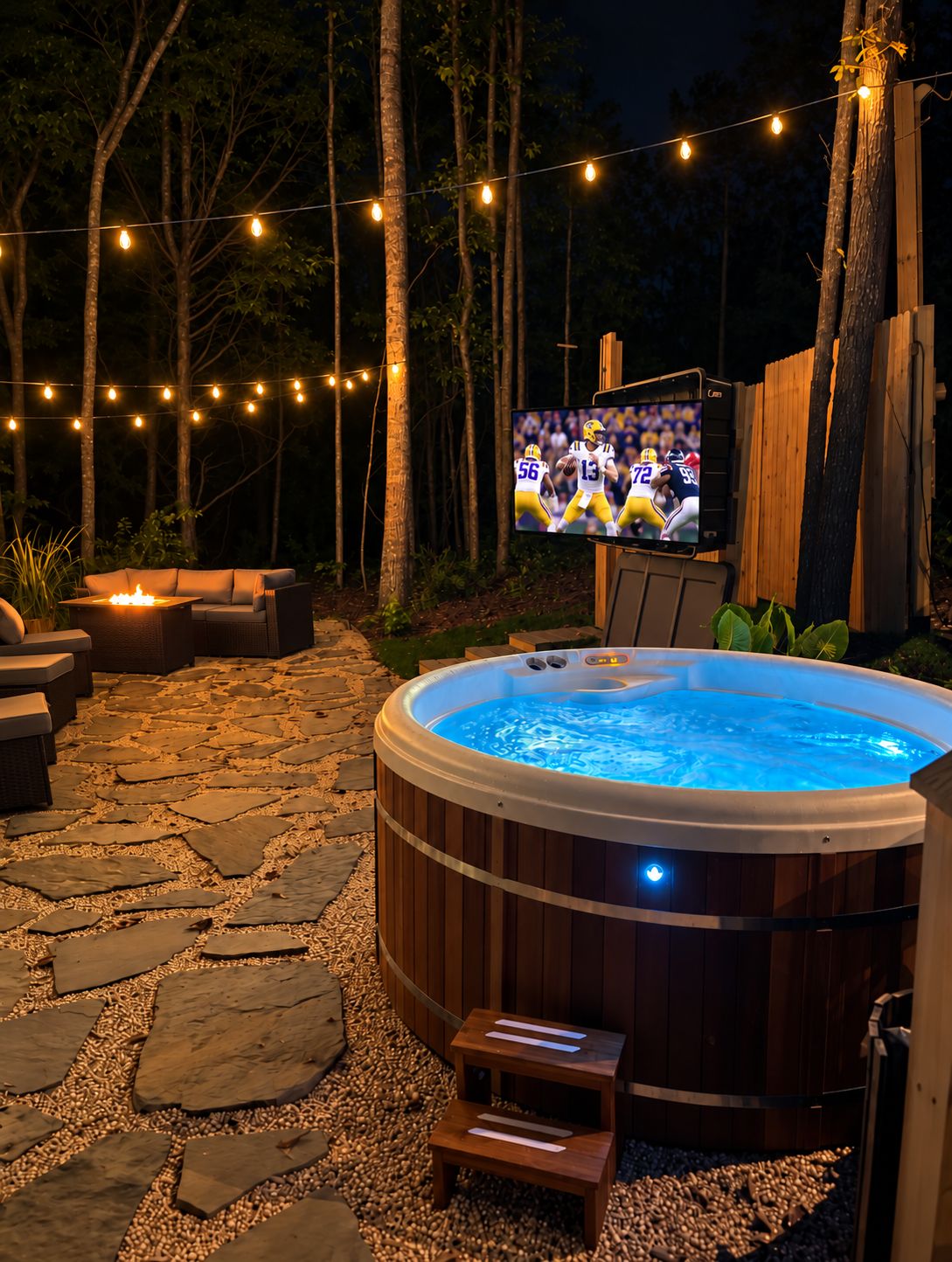 An outdoor hot tub with a wooden exterior, surrounded by stone tiles and a wooden deck.