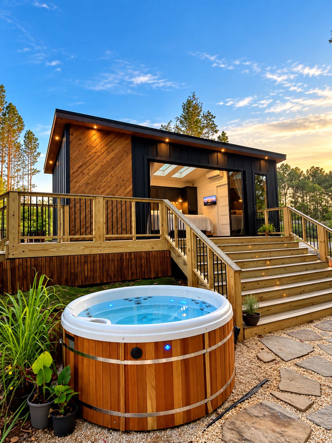 A modern house with a hot tub, wooden deck, and a staircase leading to the entrance.