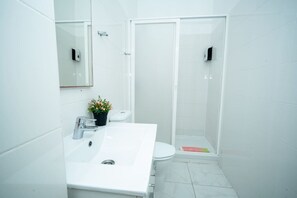 Secadora de cabello, toallas, jabón, papel de baño 