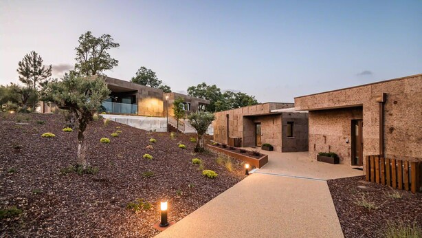 Un bâtiment moderne doté d’une façade en béton, d’un chemin menant à l’entrée et d’un espace paysager agrémenté d’arbustes et d’arbres.