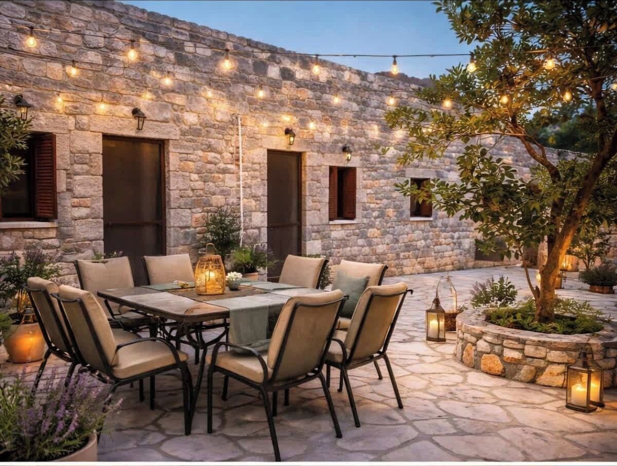 Cozy outdoor dining patio perfect for relaxing evenings under the stars