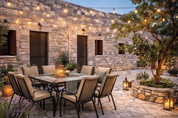 Cozy outdoor dining patio perfect for relaxing evenings under the stars