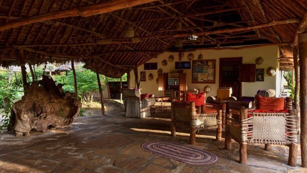 Una estructura rústica con techo de paja, suelo de piedra, muebles de mimbre y un gran tronco de árbol.