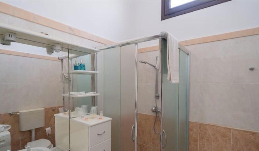 Ein Badezimmer mit Duschkabine, Toilette, Waschbecken und Spiegel.