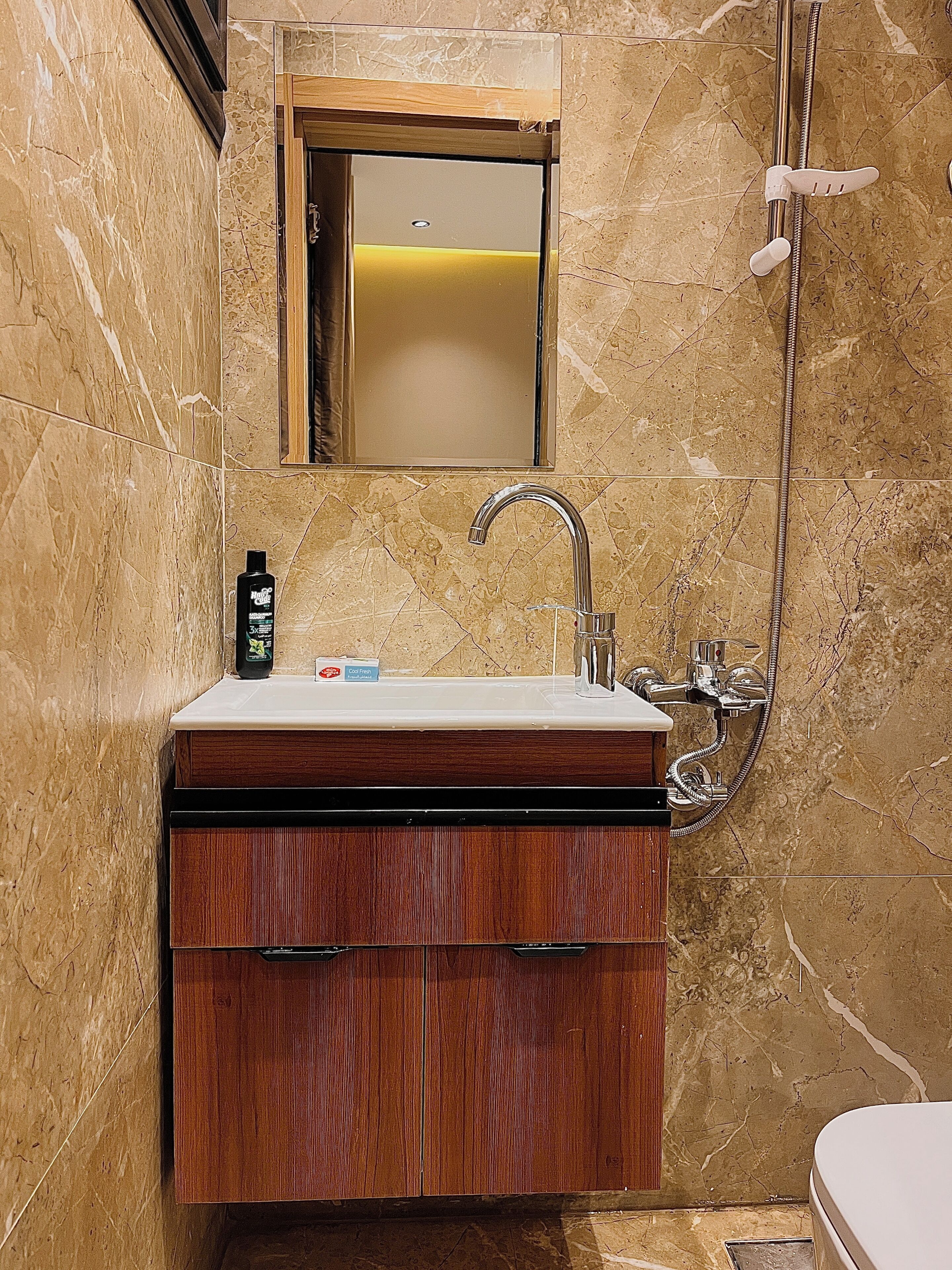 Shower, hair dryer, towels, toilet paper