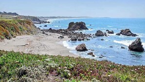 A coastal landscape with rocky outcrops, a sandy beach, and grassy areas. - Bodega Bay 3BR ocean-view cottage with hot tub — dogs welcome (Bodega Bay)