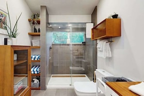 Shower, hair dryer, towels, shampoo