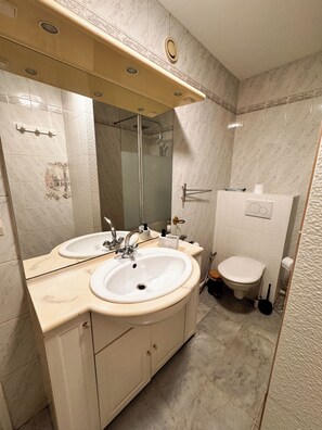 Apartemen Deluks, pemandangan kota | Kamar mandi | Shower, perlengkapan mandi gratis, pengering rambut, dan handuk