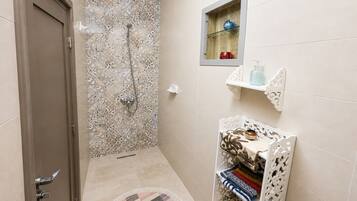 Douche, serviettes fournies, savon, papier toilette