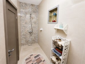 Shower, towels, soap, toilet paper