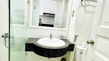 Hair dryer, towels, soap, toilet paper