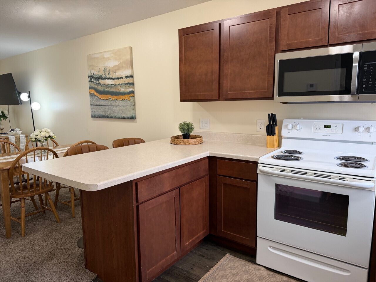 Fridge, stovetop, dishwasher, coffee/tea maker