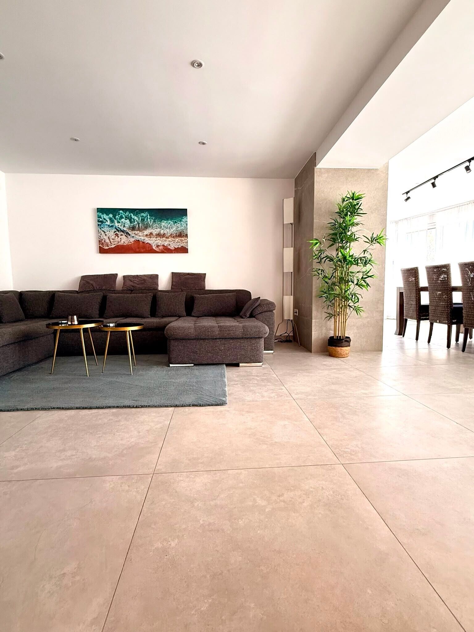 A modern living room with a sectional sofa, a coffee table, a potted plant, and a dining area with chairs.