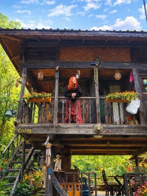 A wooden cabin with a balcony, a wooden staircase, and a sign reading 'Cedayi'. - Zeni de Vore Serender & House (Ardeşen)