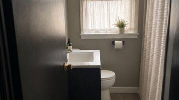 Hair dryer, towels, soap, toilet paper