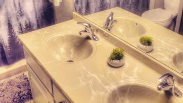 Hair dryer, towels, soap, toilet paper