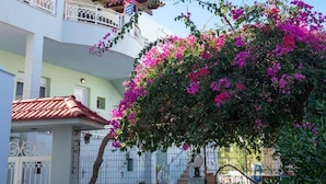 Un edificio a più piani con balconi, un recinto bianco e fiori di bougainvillea rosa.