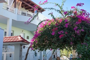 Un edificio de varios pisos con balcones, una cerca blanca y flores de buganvilla rosadas.