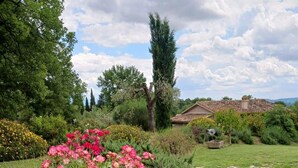 Ein Garten mit rosa Rosen, grünen Sträuchern und einem Haus mit Ziegeldach.