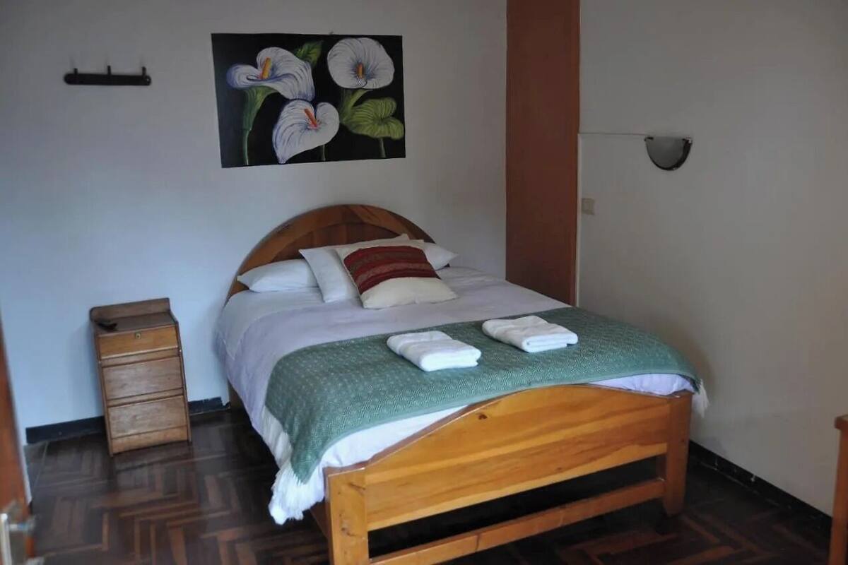 Un letto rifatto con cura, una testiera in legno, un comodino in legno e un lampadario a parete, con un quadro floreale incorniciato sopra il letto.