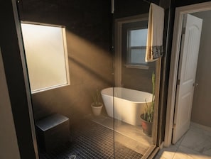 Un baño moderno con cabina de ducha de vidrio, una bañera independiente y una planta en maceta.