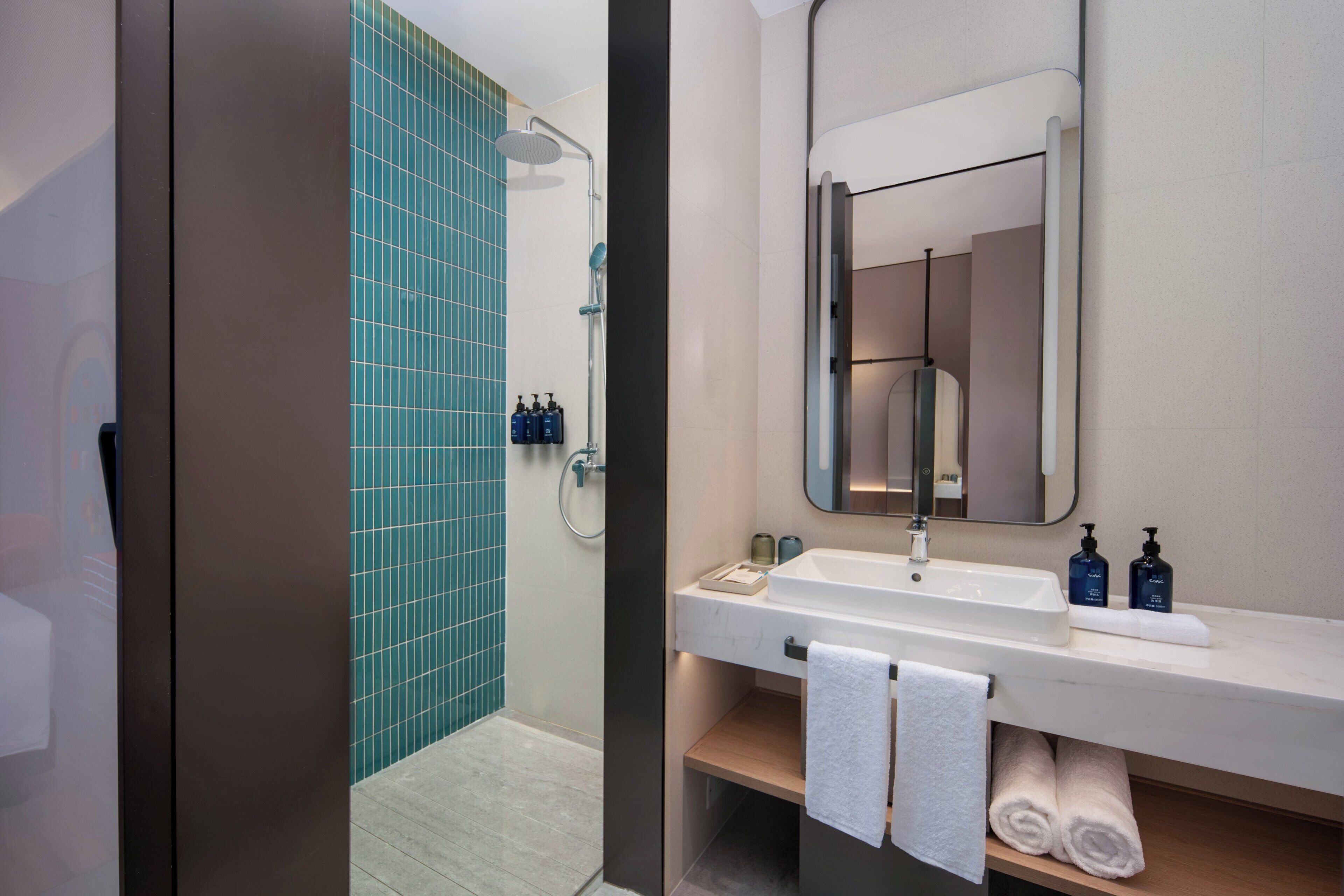 A modern bathroom with a shower, a sink, and a mirror.