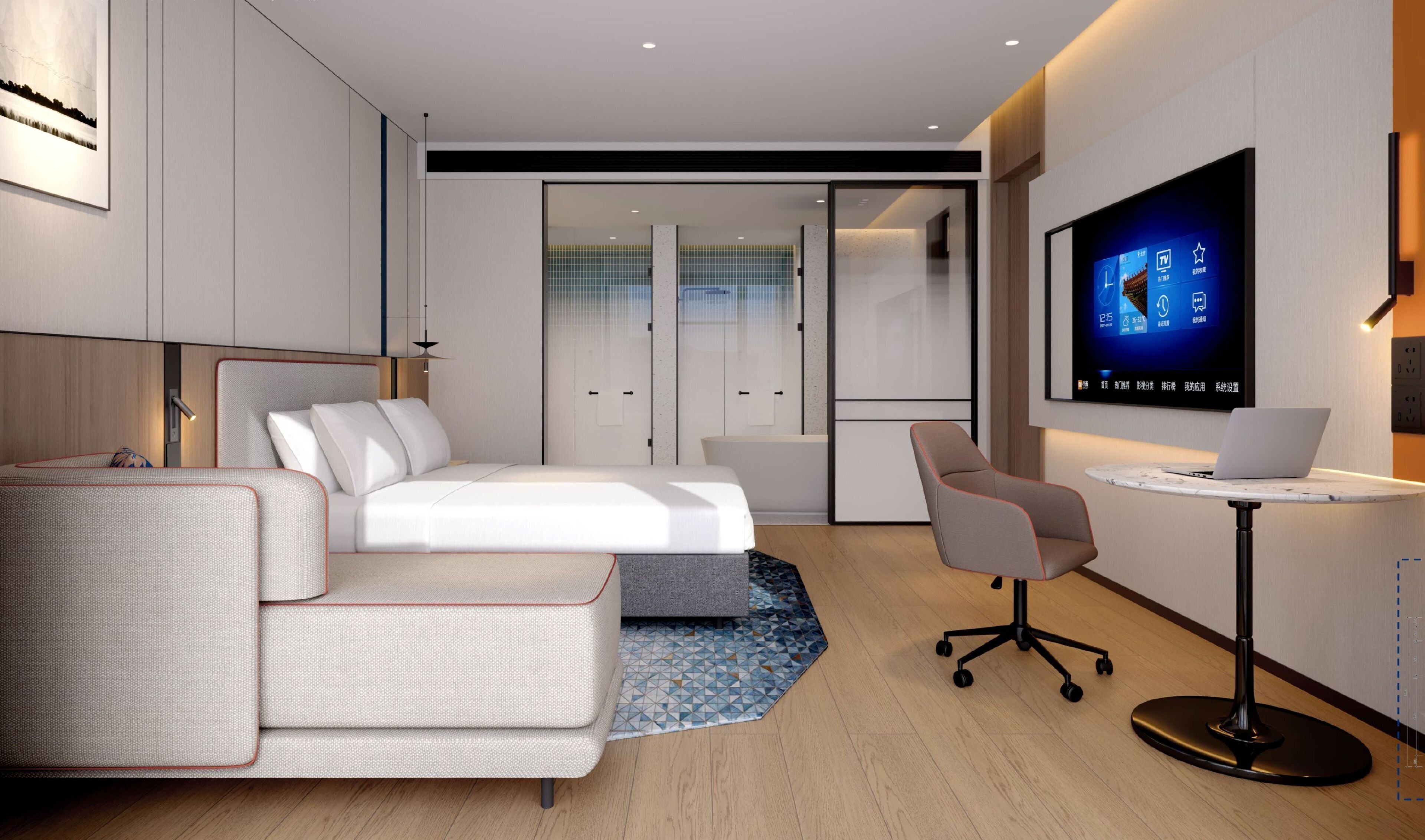 Una habitación de hotel moderna con una cama, un sofá, un escritorio con una computadora portátil, un televisor y un armario.