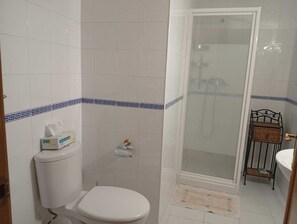 Een douche, een bidet, handdoeken, zeep