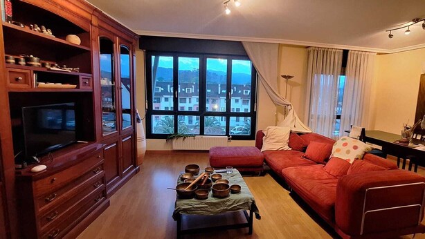 Een woonkamer met een rode bank, een houten kast en een televisie.