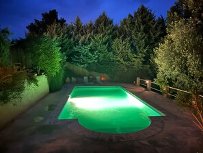 Une piscine à l’eau verdâtre, entourée d’arbres et d’une clôture en bois.