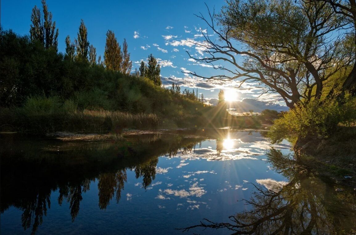 A calm river reflecting the sky and trees, surrounded by greenery.