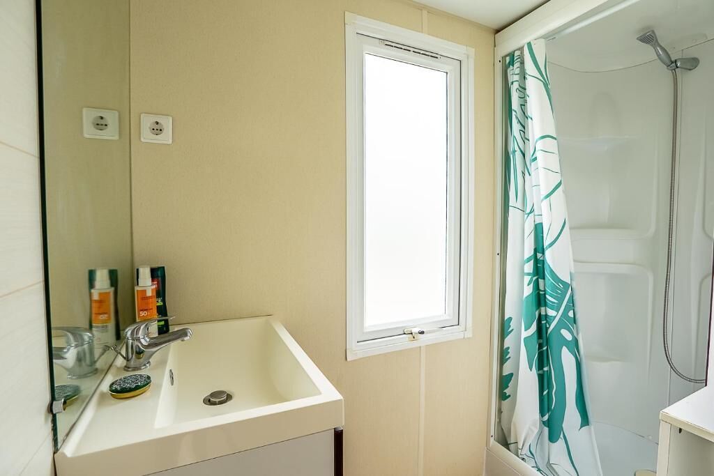 A bathroom with a sink, mirror, window, shower, and a green leaf-patterned shower curtain.