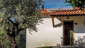 Un edificio con techo de tejas, una puerta y un árbol en primer plano.