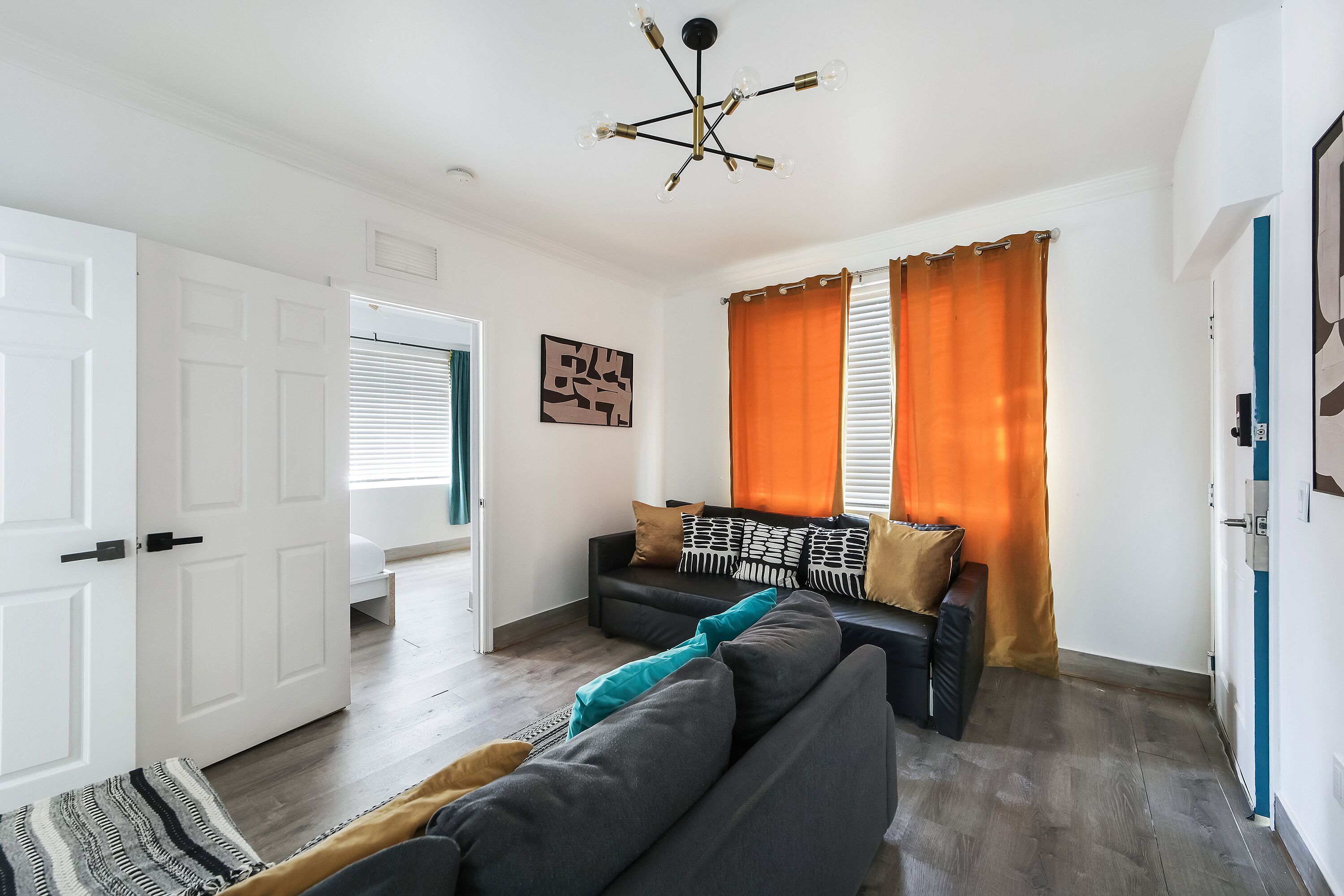 A living room with a sofa, a patterned rug, a ceiling light fixture, and a door.