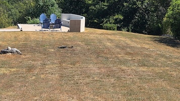 A grassy outdoor area with a seating arrangement and a standalone structure.