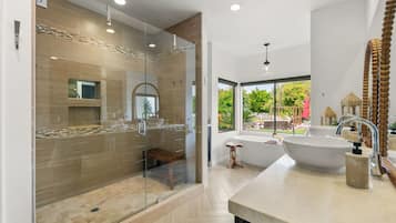 Hair dryer, towels, soap, shampoo