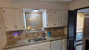 A kitchen with white cabinets, a granite countertop, a built-in dishwasher, and a window with blinds.