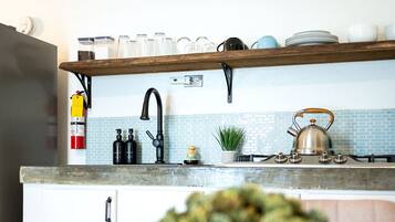 A kitchen with a modern design, featuring a black faucet, a green surfboard decoration, and a potted plant on the counter.