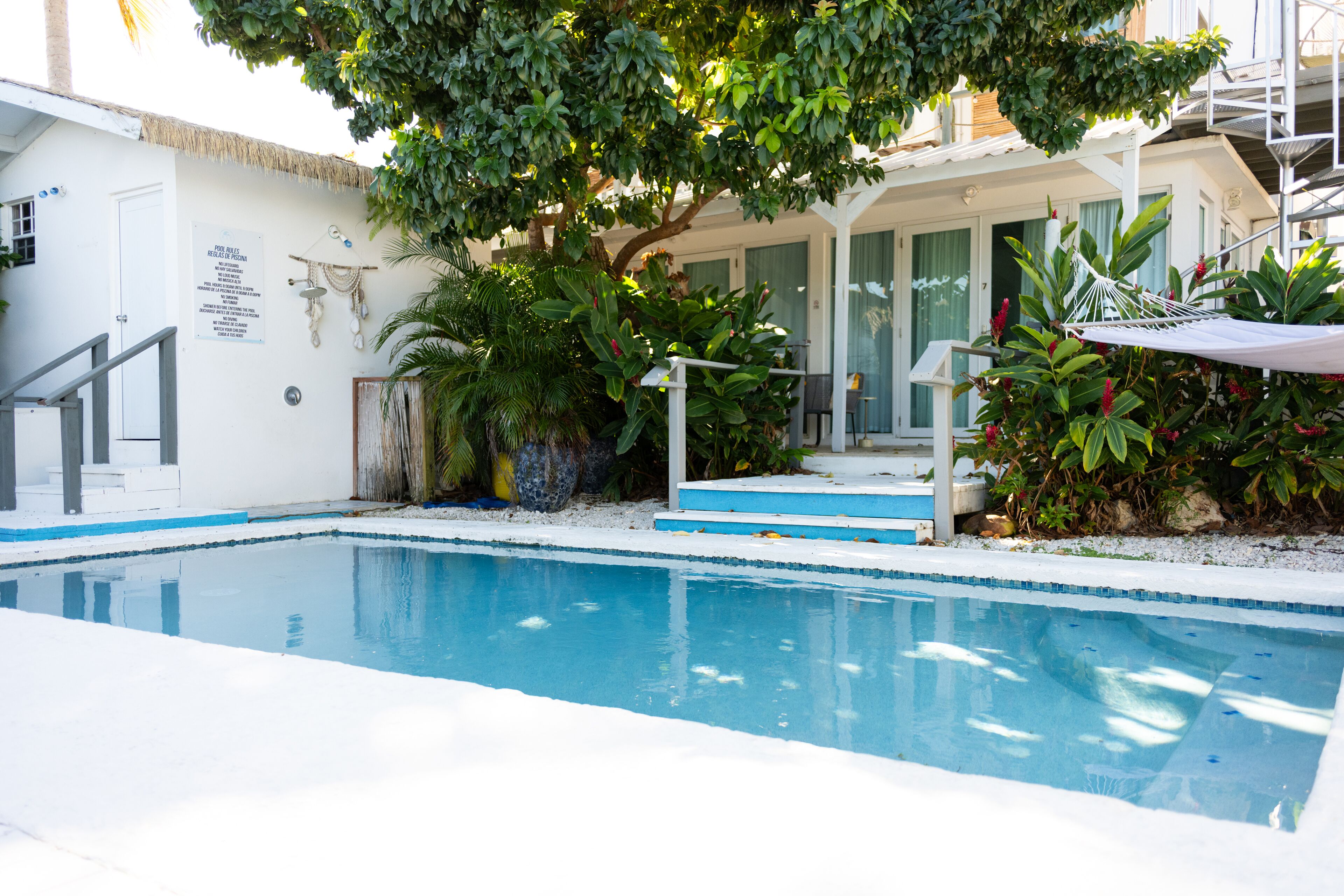 A swimming pool with steps leading to a covered area, surrounded by lush greenery and a white building with a thatched roof.