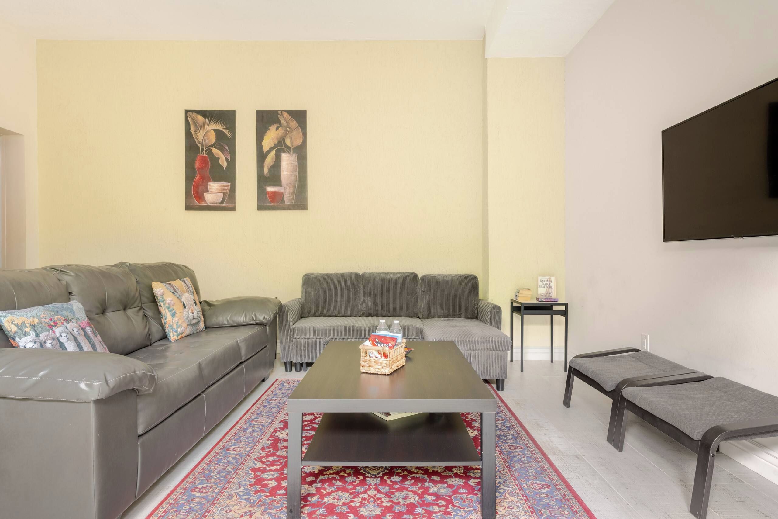 Un salon comprenant un canapé, une table basse, un téléviseur fixé au mur et un tapis à motifs.