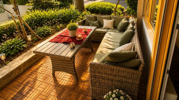 An outdoor seating area with wicker furniture, a table, and a potted plant. - Bern Garten Residence 152m Luxury Apartment (Bern)