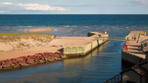 A coastal area with a pier extending into the water, a sandy beach, and a rocky shoreline. - Coastal Farmhouse near Basin Head and Red Point (Lot 46)