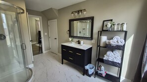 Shower, hair dryer, towels, soap