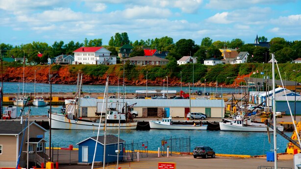 A harbor with boats, a small building, and houses in the background. - Coastal Farmhouse near Basin Head and Red Point (Lot 46)
