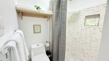 Shower, hair dryer, towels, soap