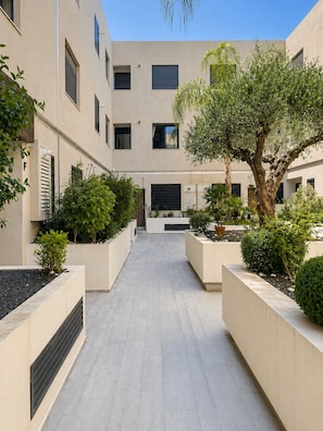 Un patio central con un camino principal, flanqueado por macetas y árboles, rodeado de edificios con múltiples ventanas.
