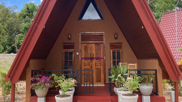 Un edificio triangular con puerta de madera, plantas en macetas y techo rojo.
