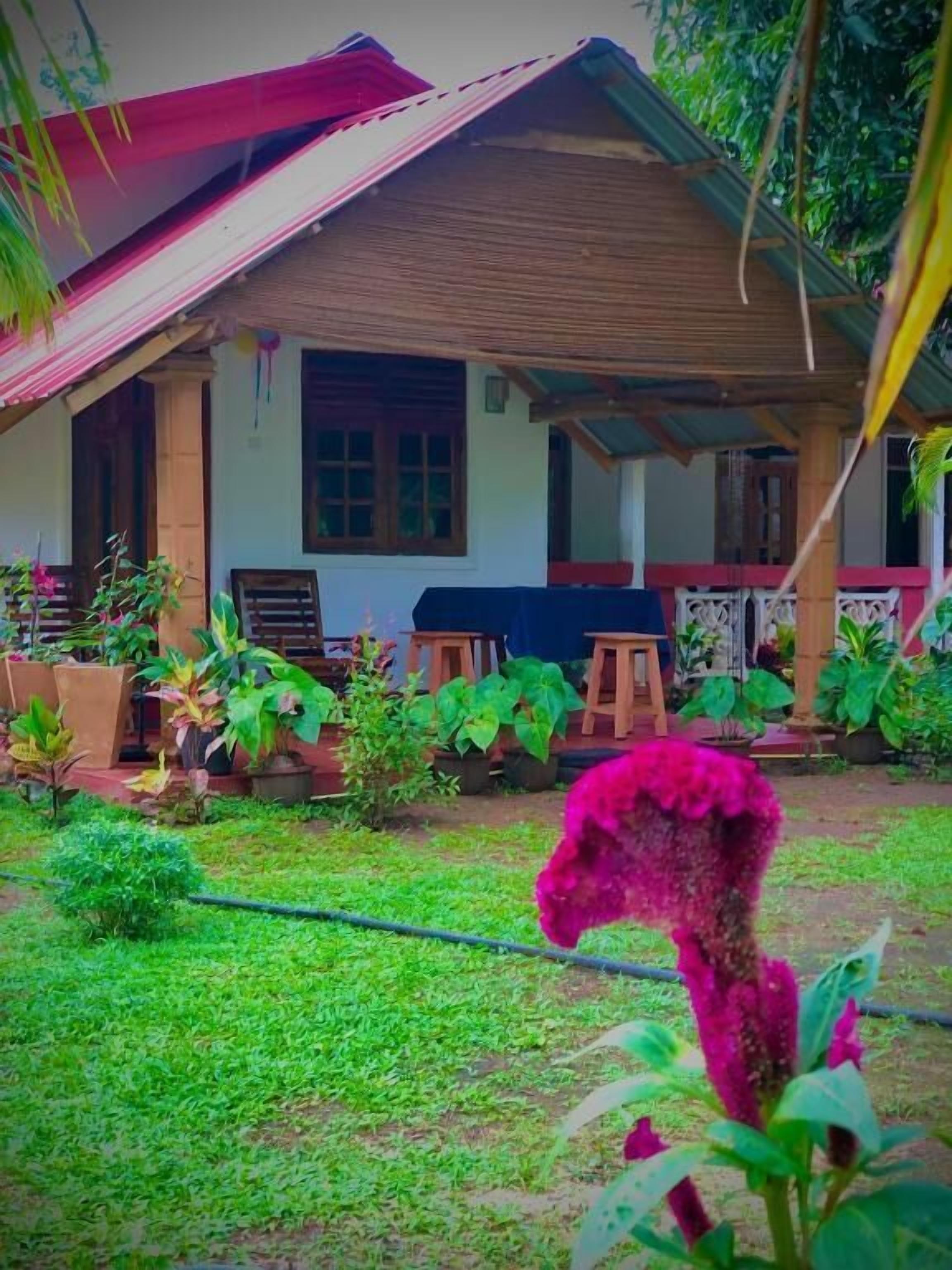Een huis met een veranda, een tuin en een roze bloem op de voorgrond.
