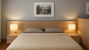1 dormitorio, tabla de planchar con plancha, ropa de cama