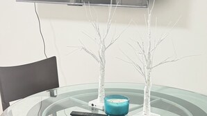 Una mesa de vidrio redonda con un control remoto, un candelabro azul y dos árboles decorativos blancos. Un televisor de pantalla plana está montado en la pared sobre la mesa.